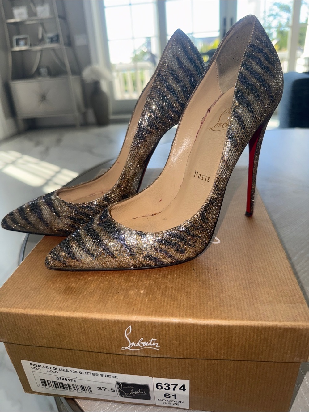 Christian Louboutin Glitter Striped Pointed-Toe Pumps in Gold and Black